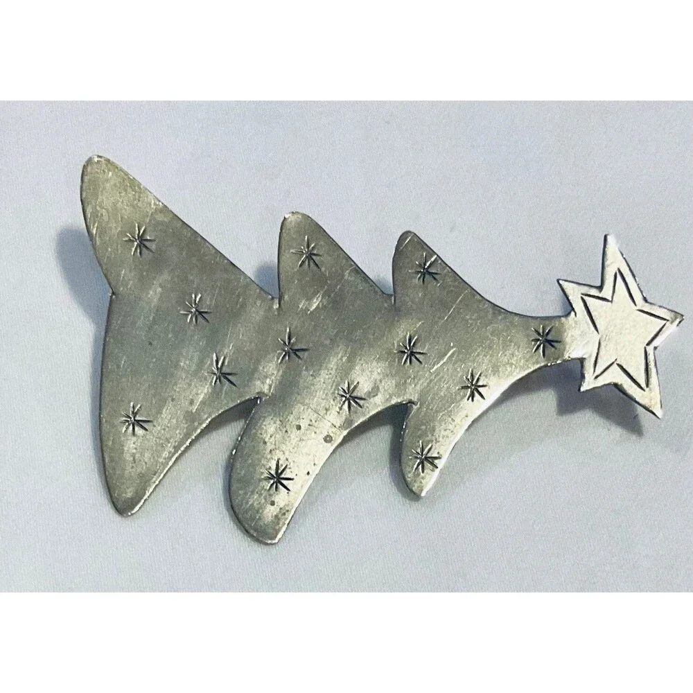 Artisan Silver Tone Christmas Tree Brooch Pin Rustic Primitive 2.5” x 1.75”